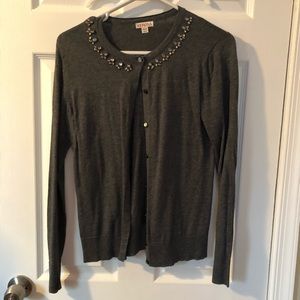Gray cardigan sweater with embellished neckline